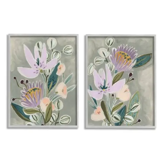 Stupell Industries Abstract Purple Floral Arrangement Gray Framed Wall Art Set {1}