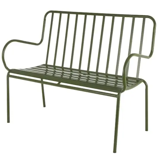 44.25" Green Metal Slatted Outdoor Bench with Curved Armrests {1}