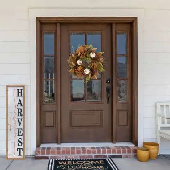 26" White Pumpkins & Leaves Fall Harvest Wreath {4}