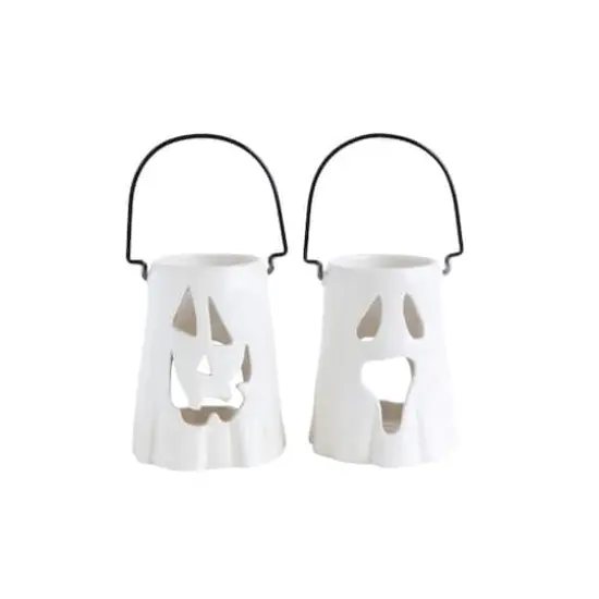Hello Honey&reg; 6.5" White Ceramic Ghost Face Lantern Set {1}