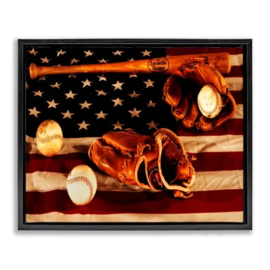 Stupell Industries Vintage American Flag Baseball Photo Floater Framed Art Black {1}