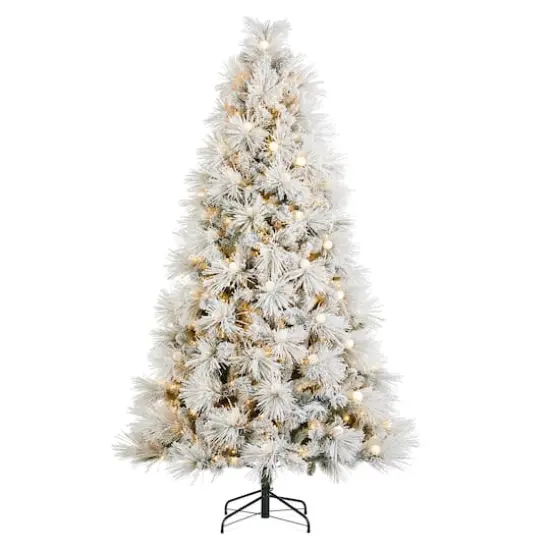 Glitzhome&reg; 7.5ft Pre-Lit Flocked Full Pine Artificial Christmas Tree, Warm White LED Lights {1}