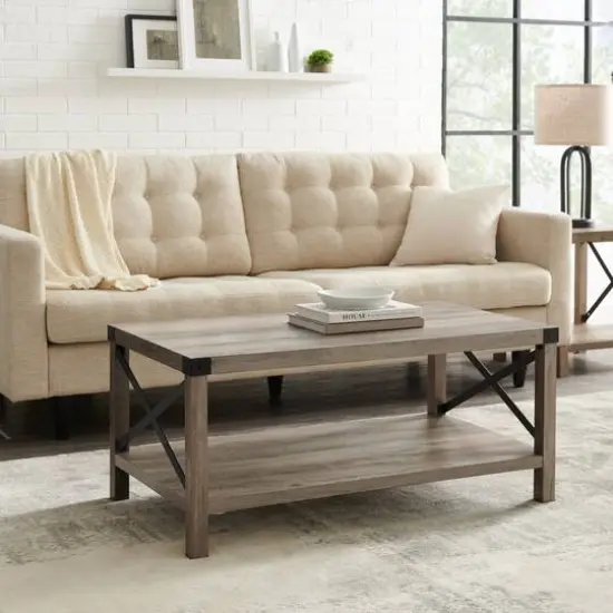 Walker Edison Gray & Black Metal & Rustic Wood Coffee Table {9}