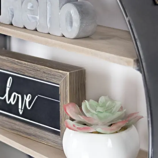 33" Metal & Wood Round Hanging Wall Shelf With Strap {5}