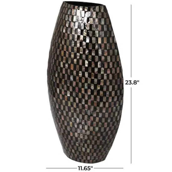 24" Black Mother of Pearl Handmade Geometric Mosaic Inspired Thin Vase {11}