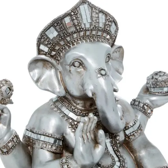 12" Silver Polystone Ganesh Meditating Sculpture {6}