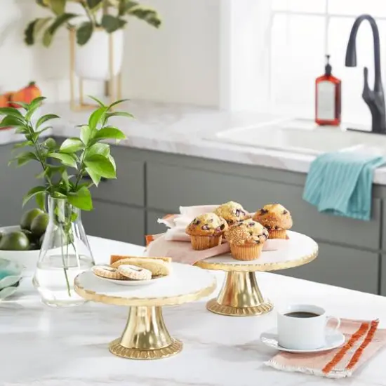 Set of 2 Gold Marble Natural Cake Stand, 12", 10" {8}
