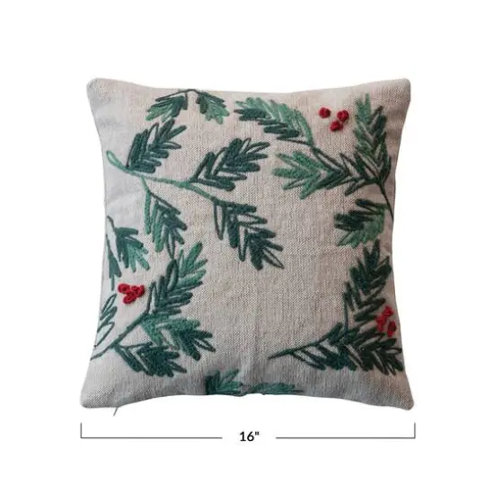 Hello Honey® 16" Embroidered Holly & Berries Woven Cotton & Jute Throw Pillow {5}