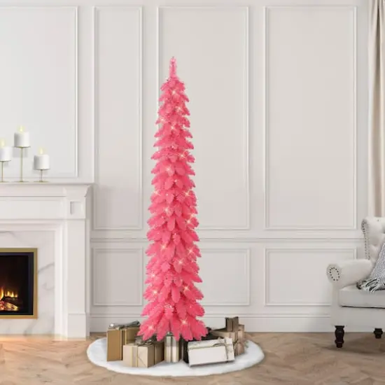 6ft. Pre-Lit Pink Alpine Artificial Pencil Tree, Clear Lights {3}