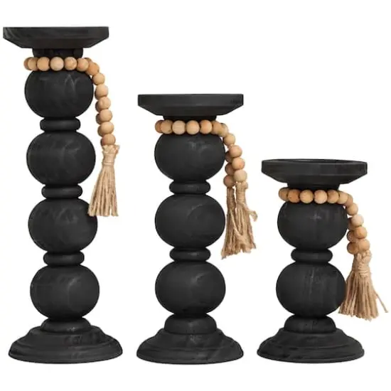 Black Wood Handmade Bubble Inspired Matte Candle Holder with Beaded Garland Set {5}