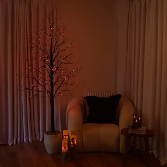 7ft. Pre-Lit Halloween Black Twig Artificial Tree with 390 Orange & Purple LED Lights {13}