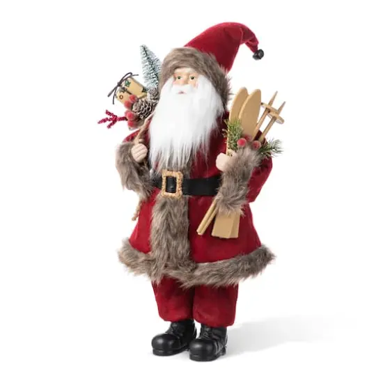 Glitzhome® 18"H Faux Fur Christmas Red Woodland Santa Figurine with Porcelain Face {7}