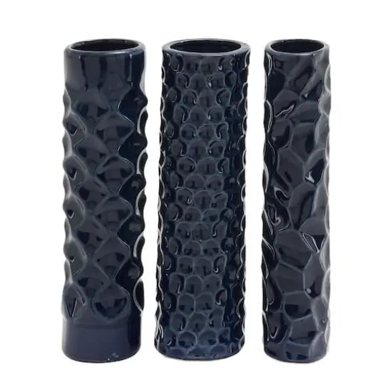 12" Dark Blue Stoneware Contemporary Vase Set {1}