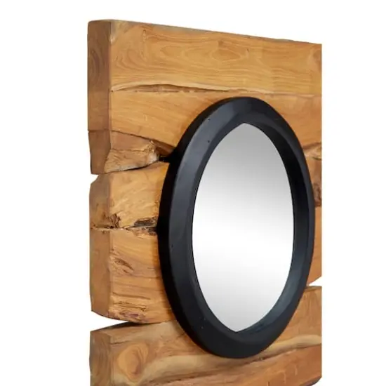 Set of 4 Brown Teak Wood Rustic Floral Wall Mirror, 18" x 18" {4}