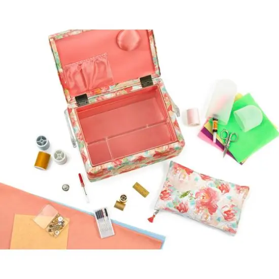 SINGER&reg; Large Watercolor Floral Print Rolled Edge Sewing Basket with Matching Pouch Sew Kit {10}