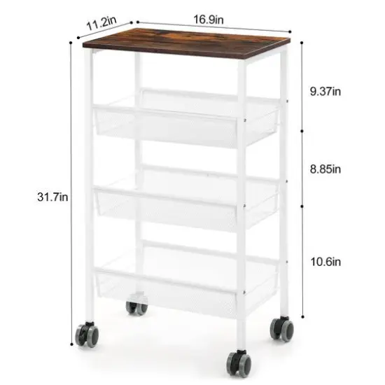 White 3-Tier Kitchen Storage Rack Cart with Lockable Wheels & Wood Top {3}