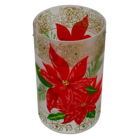 10" Poinsettias & Gold Flameless Glass Christmas Candle Holder {4}