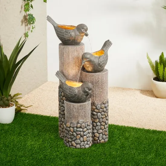 Glitzhome&reg; 30.75" 3-Tier Natural Faux Pebbles Textured Bird Basin Outdoor Fountain with LED Light {3}