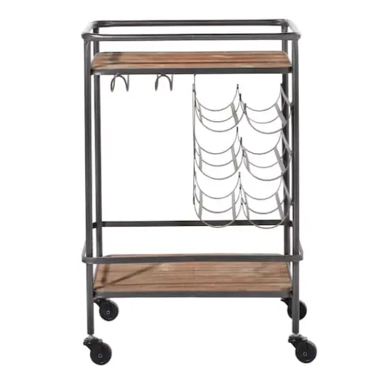 2-Tier Brown Chinese Fir and Metal Industrial Bar Cart {6}