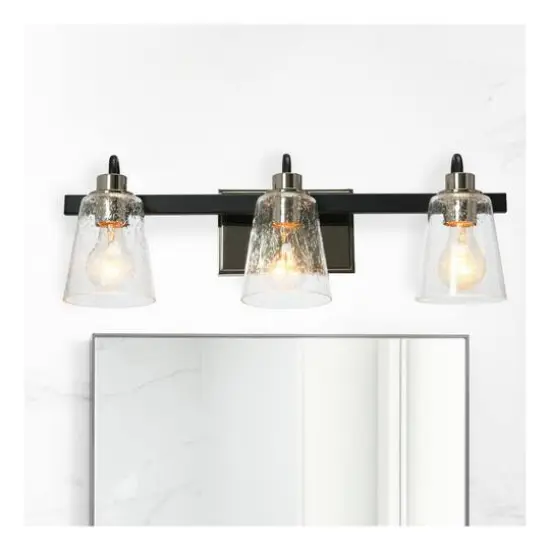 Hello Honey&reg; Robert Stevenson Lighting Jameson Matte Black & Polished Nickel Metal & Seedy Glass 3-Light Vanity Light {3}