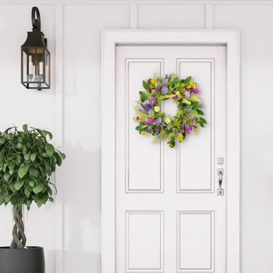 24" Purple & Yellow Spring Echinops & Chrysanthemum Floral Wreath {6}