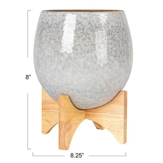 Hello Honey&reg; 8" Gray Reactive Glaze Round Stoneware Planter with Wood Stand {9}