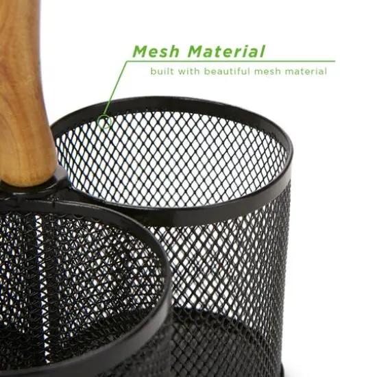 Mind Reader Network Collection Black 3-Compartment Utensil Caddy with Wooden Handle {7}