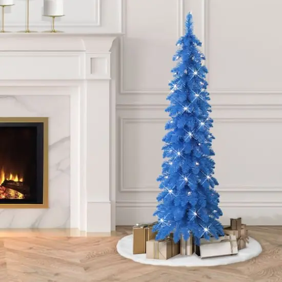 4ft. Pre-Lit Blue Artificial Alpine Pencil Tree, Clear Lights {3}