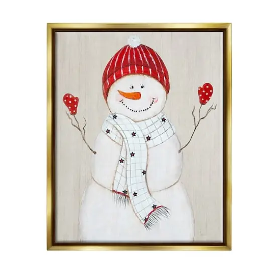 Stupell Industries Seasonal Snowman Smiling Red Hat Framed Floater Canvas Wall Art Gold {1}