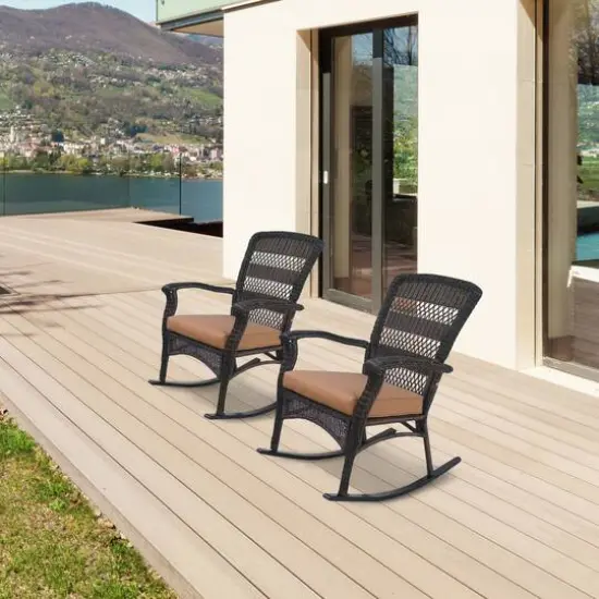 42" Wicker Rocker Chair with Cushion Dark Brown {4}