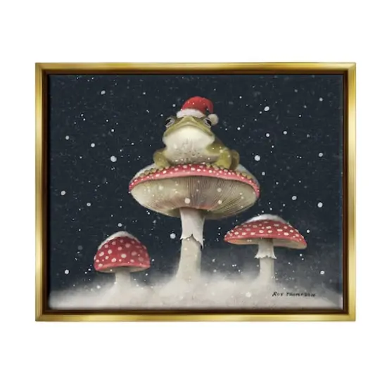 Stupell Industries Frog In Santa Hat Snowy Mushrooms Framed Floater Canvas Wall Art Gold {1}