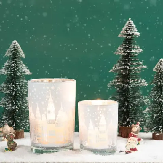 Glitzhome&reg; Christmas Building Glass Candle Holder Set {4}