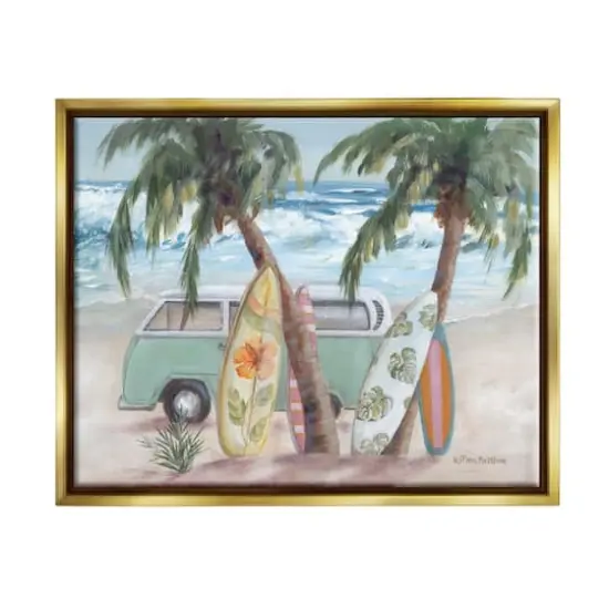 Stupell Industries Summer Waves Tropical Van Surfboards Floater Framed Art Gold {1}