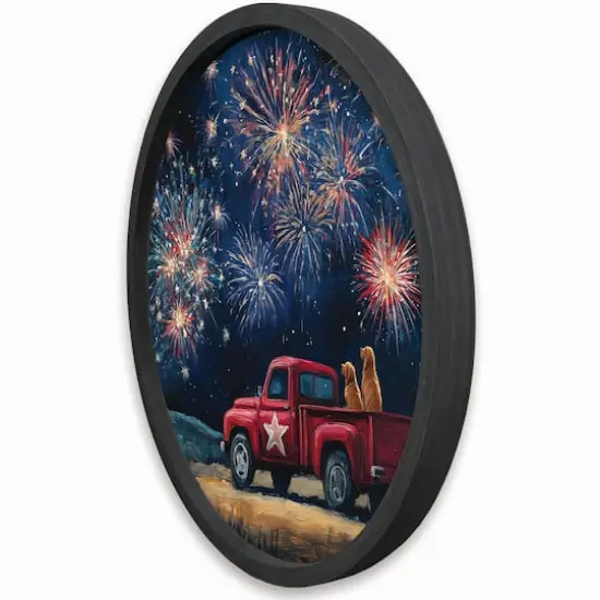 20" Goldens Watching Fireworks Round Framed Print Black {3}