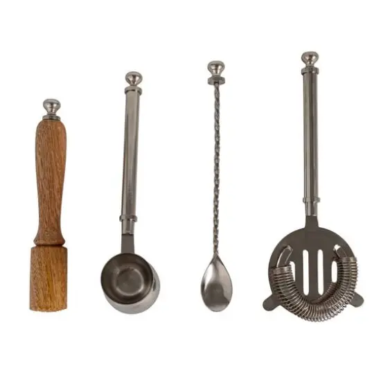Hello Honey 5-Piece Stainless Steel and Mango Wood Bar Tools with Stand, Nickel Finish and Natural {13}