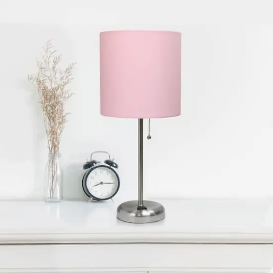 LimeLights 19.5" Stick Lamp with Charging Outlet and Fabric Shade Brushed Steel and Light Pink {5}
