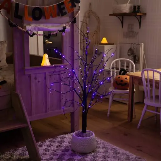 4ft. Pre-Lit Halloween Black Twig Artificial Tree with 180 Orange & Purple LED Lights {12}
