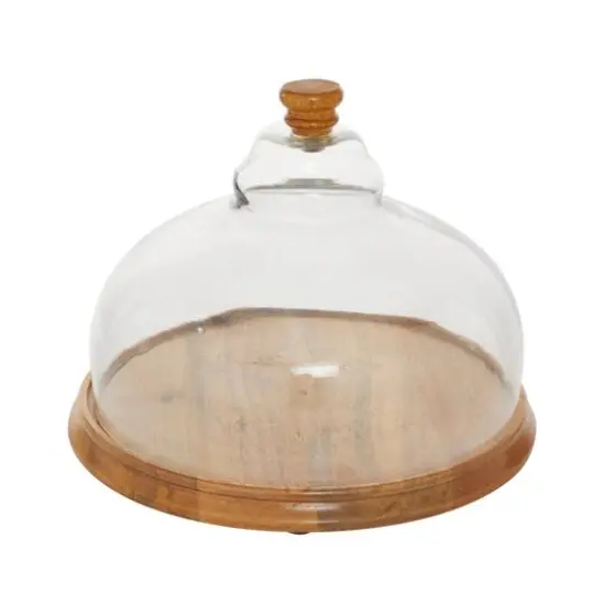 Brown Wood and Glass Natural Cake Stand with Cloche, 10" x 13" x 13" {3}