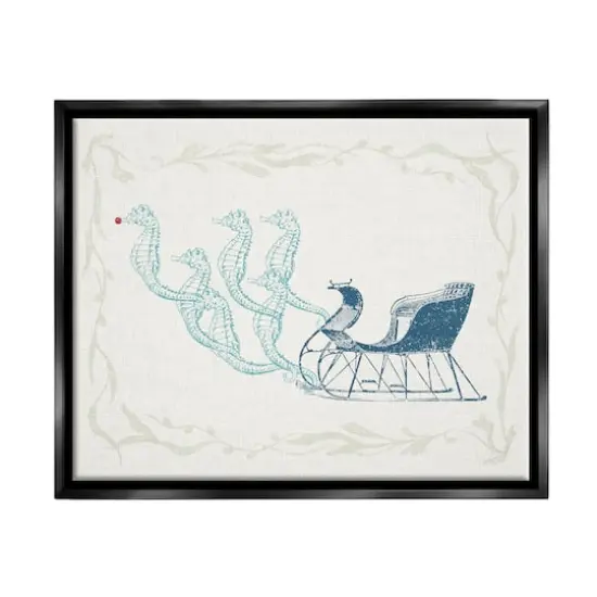 Stupell Industries Seahorse Santa Sled Nautical Christmas Framed Floater Canvas Wall Art Black {1}
