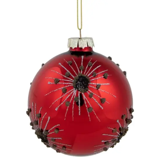 4" Red & Brown Beaded Bursting Snowflake Glass Ball Ornament {3}