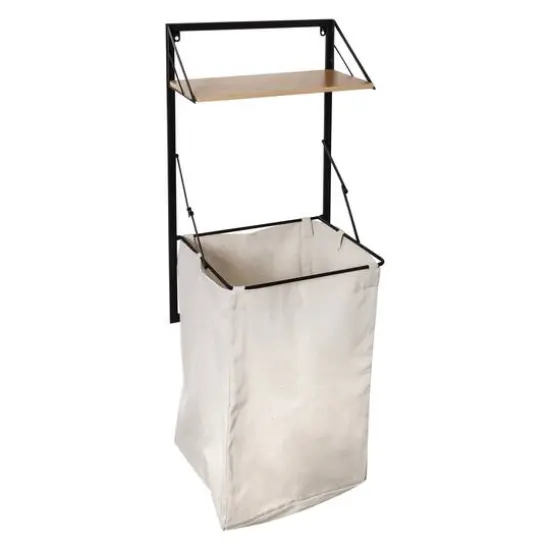 Honey Can Do Black & Maple Collapsible Wall-Mounted Hamper with Laundry Bag & Shelf {3}