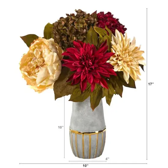 17" Peony, Hydrangea & Dahlia Arrangement in Stoneware Vase with Gold Trimming {3}