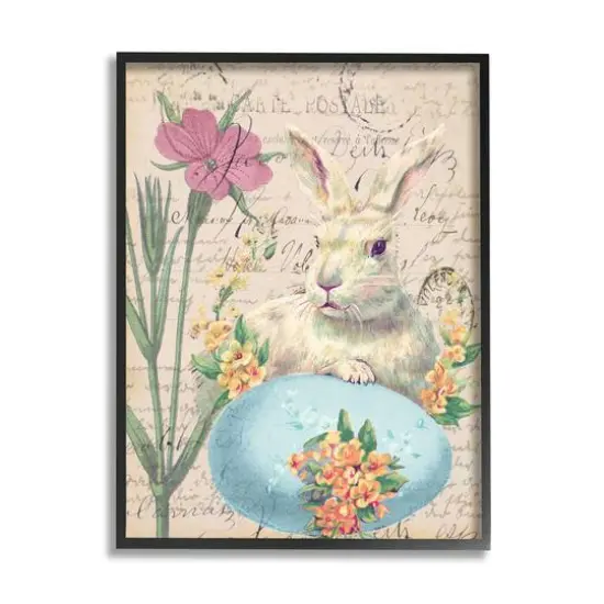Stupell Industries Easter Bunny Spring Blue Egg Vintage Postal Script Framed Wall Art Black {1}