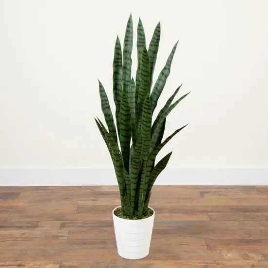 4ft. UV Resistant Artificial Snake Plant in White Decorative Planter {3}
