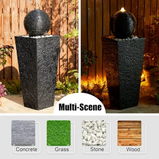 Glitzhome&reg; Modern LED Black Geometric Pedestal & Sphere Outdoor Floor Fountain {3}