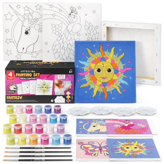 Arteza&reg; Kids Canvas Paint Kit, 4 8x8 Canvas with Brushes & Paints Fantasy {1}