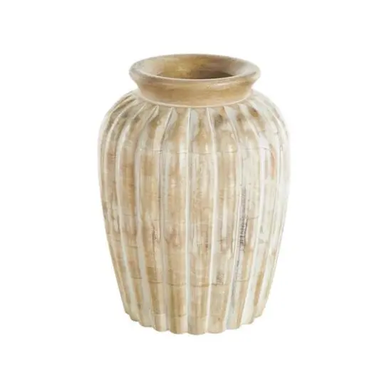 11" Light Brown Mango Wood Distressed Vase with Carved Ridges {7}