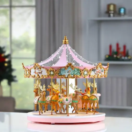 12" Animated & Musical Pink Crystal Carousel {6}