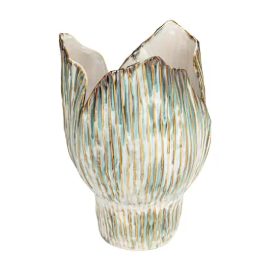 Hello Honey&reg; 12" Green & White Pleated Sculptural Stoneware Vase with Reactive Glaze {1}