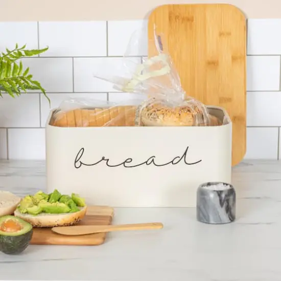 Hello Honey® 11.75" Cream Metal Bread Bin with Bamboo Lid {4}
